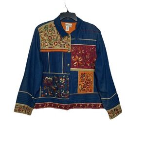 Coldwater Creek Floral Metallic Embroidered Denim Jacket Women's XL Lined Button